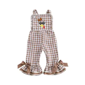 Thanksgiving Baby Girl Outfit Turkey Embroidery Sleeveless Plaid Jumpsuit Romper Overalls Flared Pants Suspender Bell Bottoms Outfit Toddler Holiday Clothes