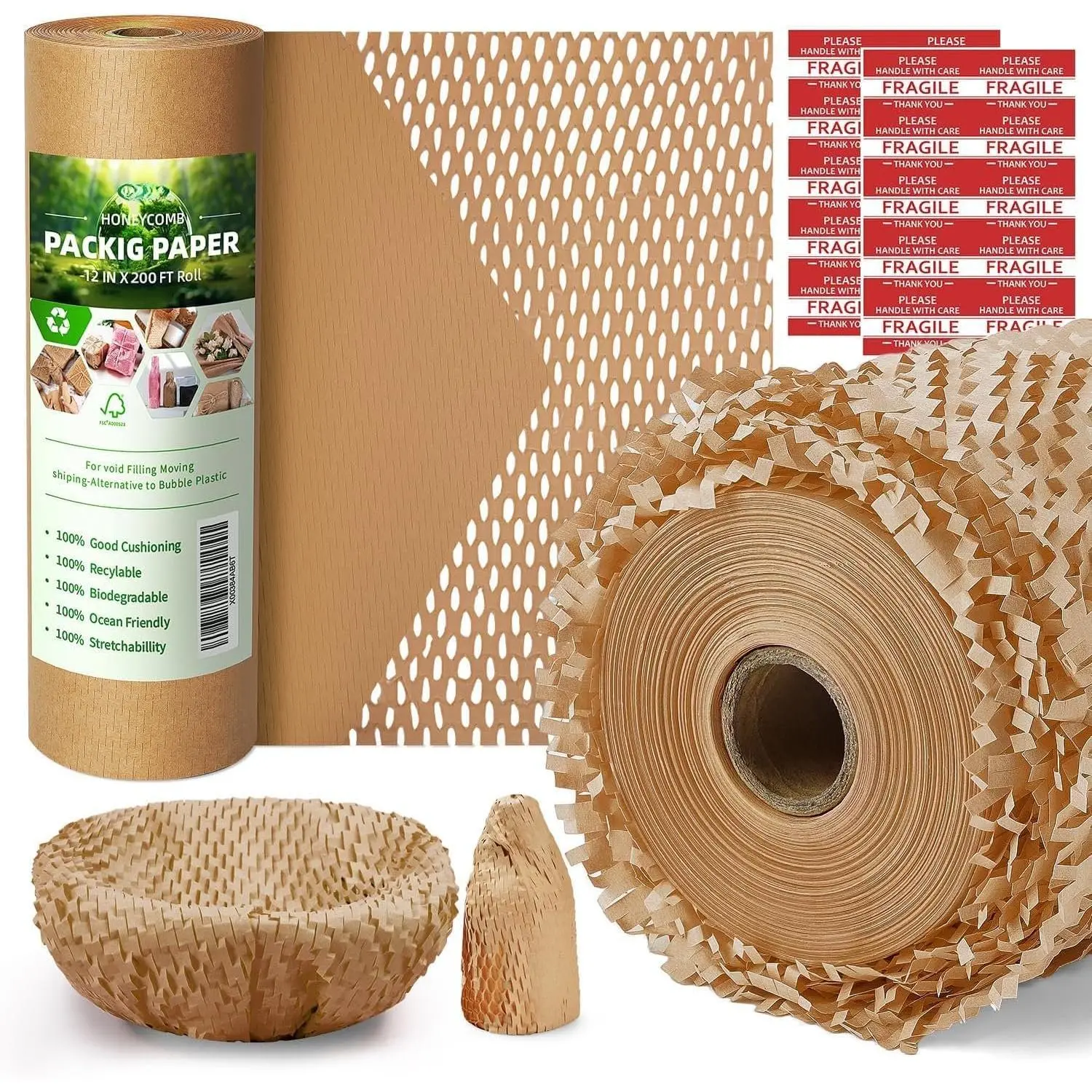 100% Recyclable Honeycomb Packing Paper - 12 in x 200 ft Stretchable Cushioning Green Plastic Mailing Material Alternative, Easy-to-Use with 20 Fragile Sticker Labels for Small Business Packing, Shipping, Clean Look