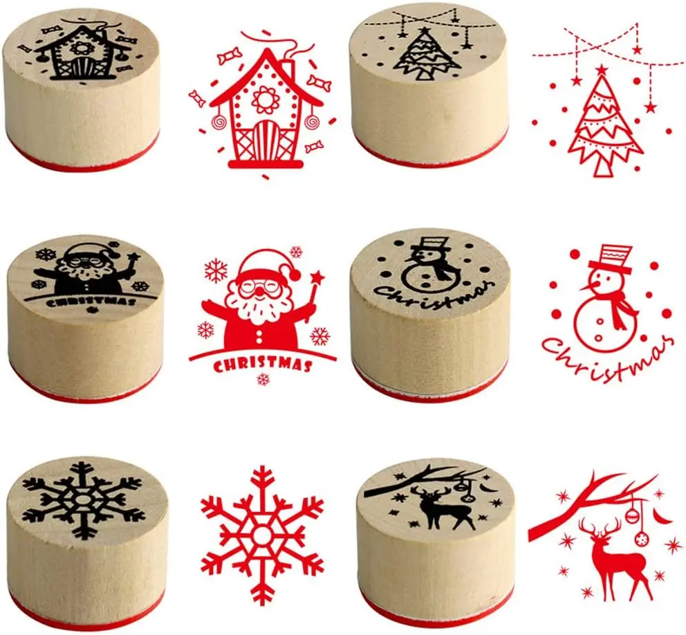 Merry Christmas Wooden Stamp Set, 6 Pcs | 6 wooden rubber stamp set with Christmas patterns. Great for card making, scrapbooking, DIY crafts, and holiday gift tags.