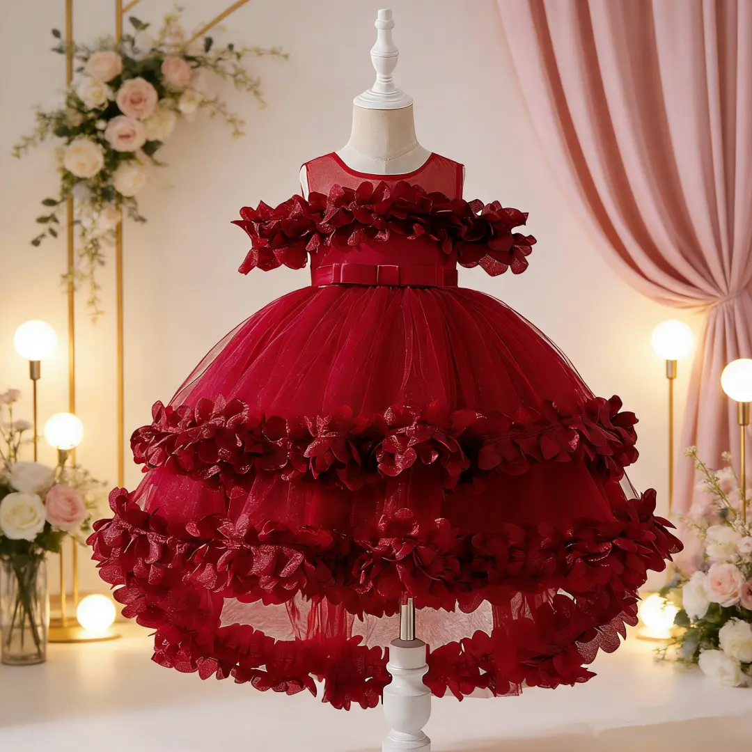 6120 Childrens Floral Lace Layered Dress Ball Gown Fashion Show Junior Host Piano Birthday Party Performance Banquet Evening Dress