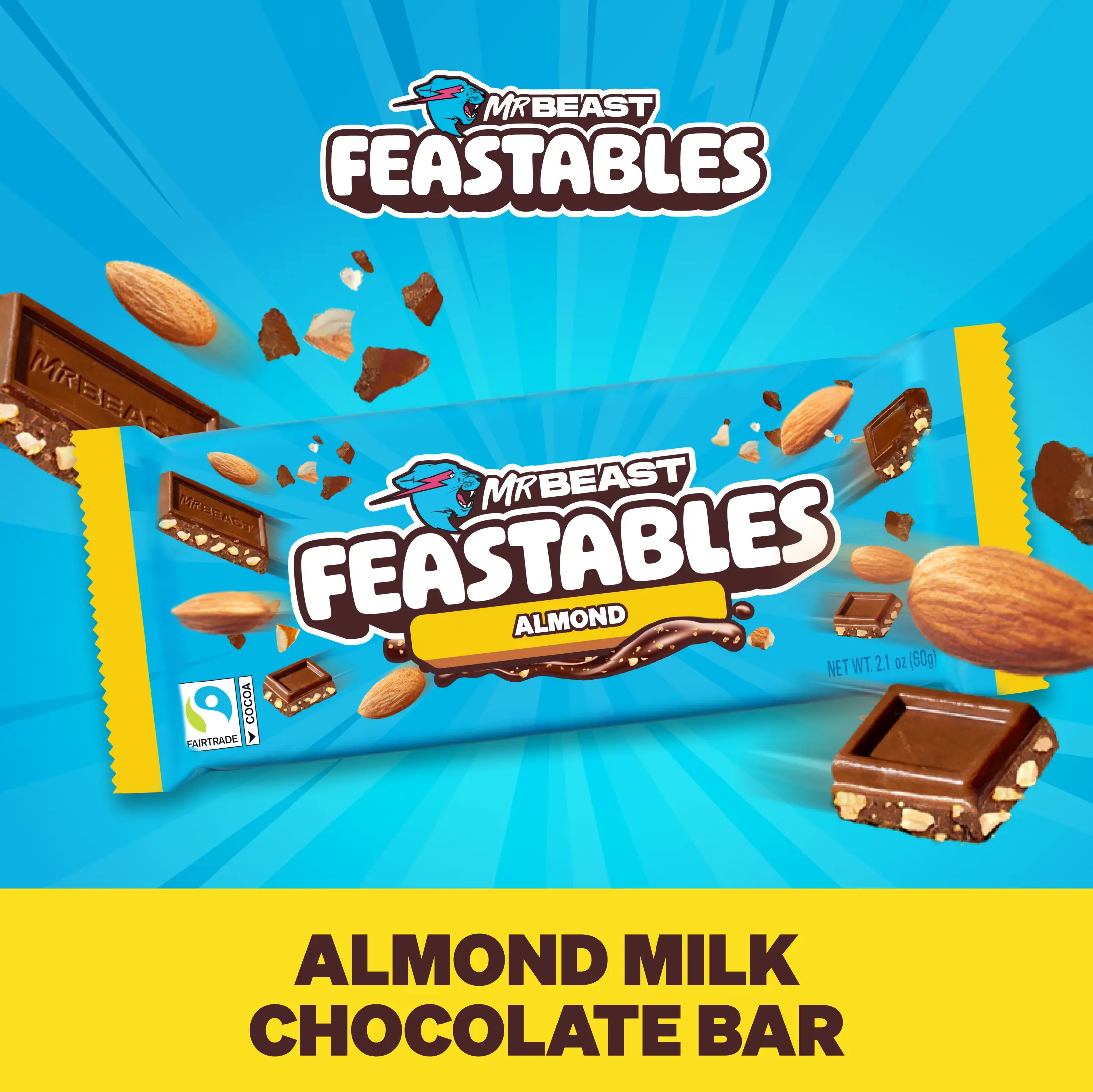 Feastables by MrBeast - Almond Chocolate Bar - for Adults & Kids, Chocolate, Candy, Cocoa Sweet & Crunchy Snack, Fairtrade Certified, Kosher, Perfect for Gifting or Snacking