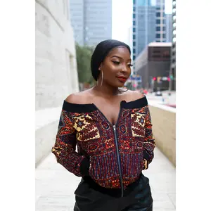 Kuso Off Shoulder Bomber Ankara Jacket with Pockets Brown Multi