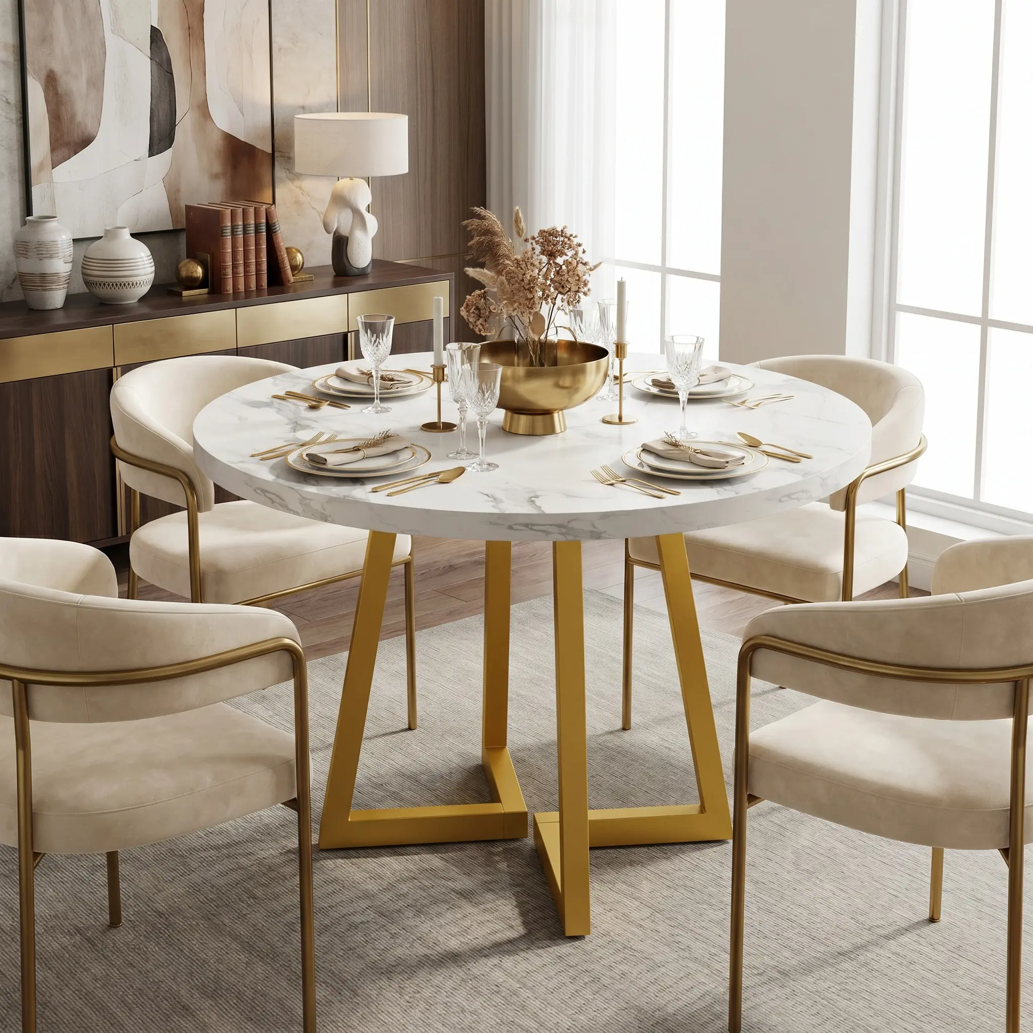 Spaco 31.5" Round Sturdy Modern Dining Table - White Marble Effect MDF Top, Gold Metal Base, 2-Seat Capacity, Easy Installation for Small Kitchens, Apartments