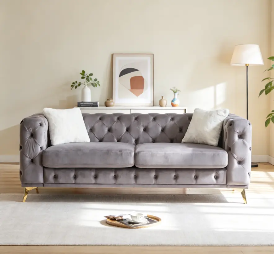 82.5-Inch Classic Modern Chesterfield Velvet Sofa - Elegant Tufted Detailing, Matching Throw Pillows, Sleek Metal Legs - Luxurious Living Room Indoor Furniture for Home Interior Decor