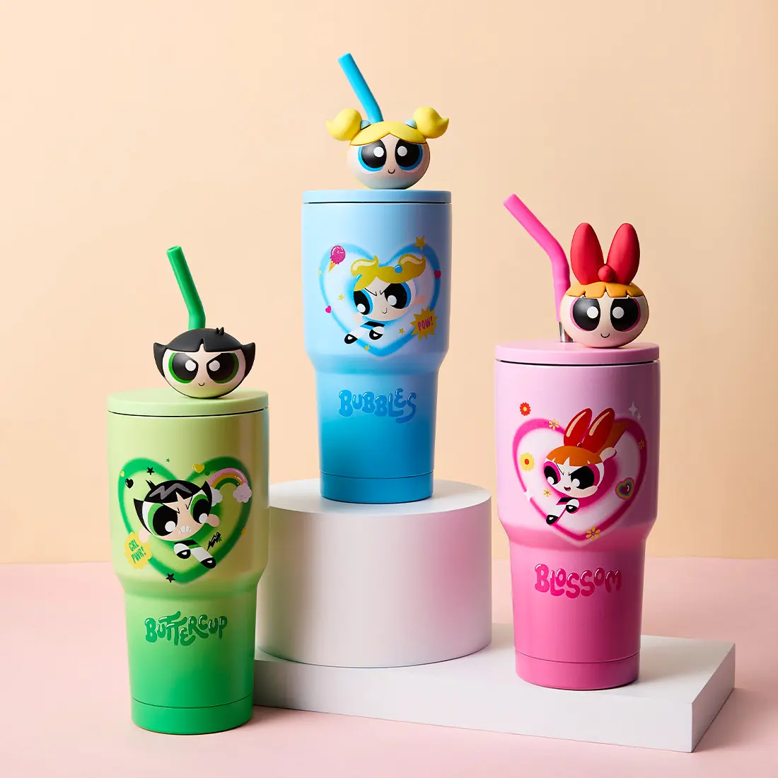 Powerpuff Girls Novelty Cartoon 30oz Stainless Steel Straw Tumbler - Groovy Retro Girl Power Iridescent Gradient Finish, Leak-Proof, Eco-Friendly, Stylish, Portable Vacuum Flask, Fits Cup Holder, Holiday Gift, Classic, Eco-Friendly & Reusable