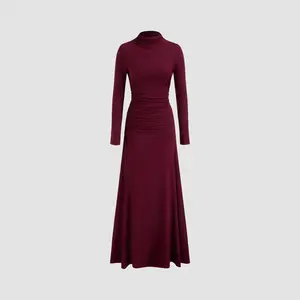 Cider [3 colors, size 0-26] High Neck Solid Ruched Ruffle Long Sleeve Maxi Dress