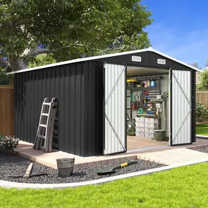 Aoxun 10x12 FT Metal Storage Shed, Lockable Garden Utility Shed with Double Hinged Doors & Sloped Roof for Outdoor Patio & Backyard