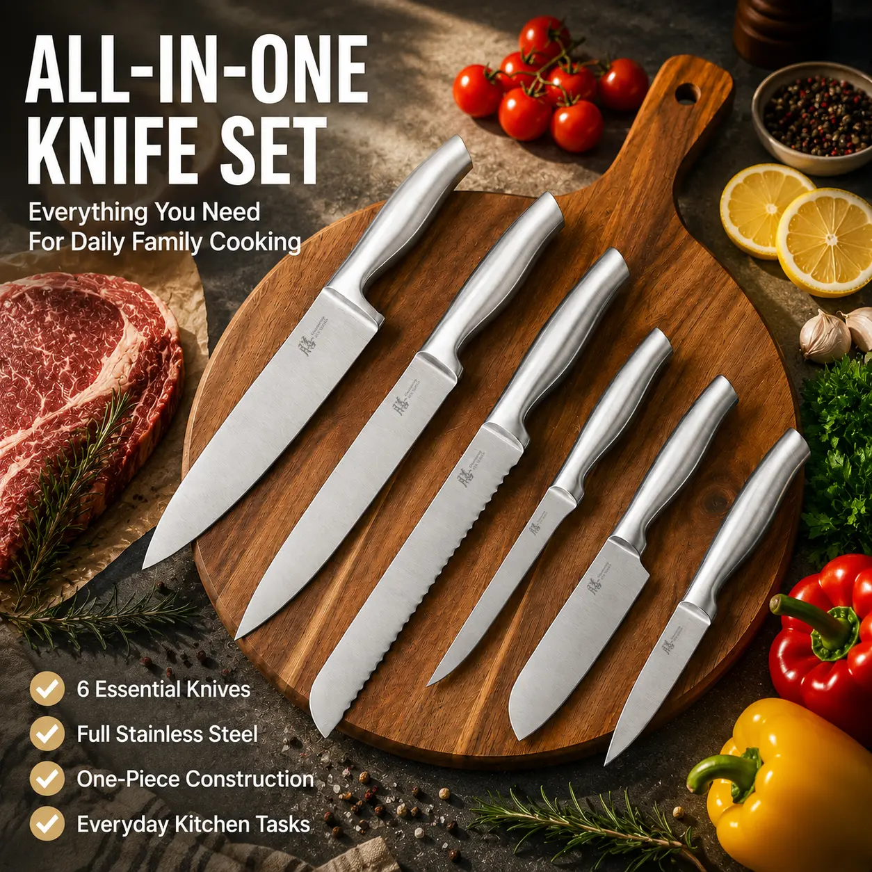 All Stainless Steel 6-Piece Kitchen Knife Block Set - Seamless 1-Piece Design with Chef, Bread, Santoku, Boning, Slicing & Utility Knives for Modern Home Kitchens -A