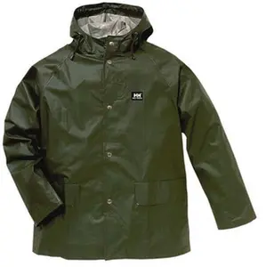 Helly Hansen Waterproof Army Green Work Safety Rain Jacket - Size M, 2 Pockets, 38-40" Chest, PVC & Polyester Fabric, Snap Closure, Model 70129_480-M