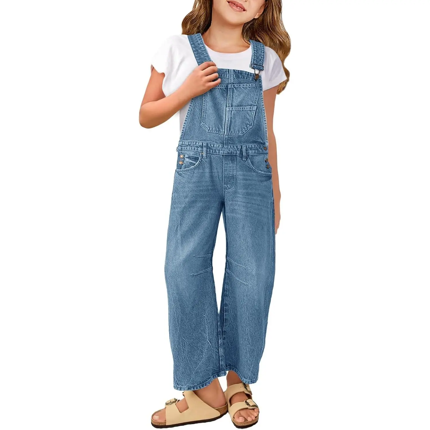 Haloumoning Girls' Denim Look Bib Overalls - Sleeveless Breezy Wide Leg Casual Wear Jumpsuit with Pockets, Kids Clothing Girls for 4-14 Years (Includes 5-6 Years Size Option), Clothes