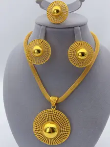 3 Piece Round Pendant Jewelry Set for Women, Elegant Dubai African Style Necklace Earrings Ring Combo, Party Accessory Gift Wedding Jewelry