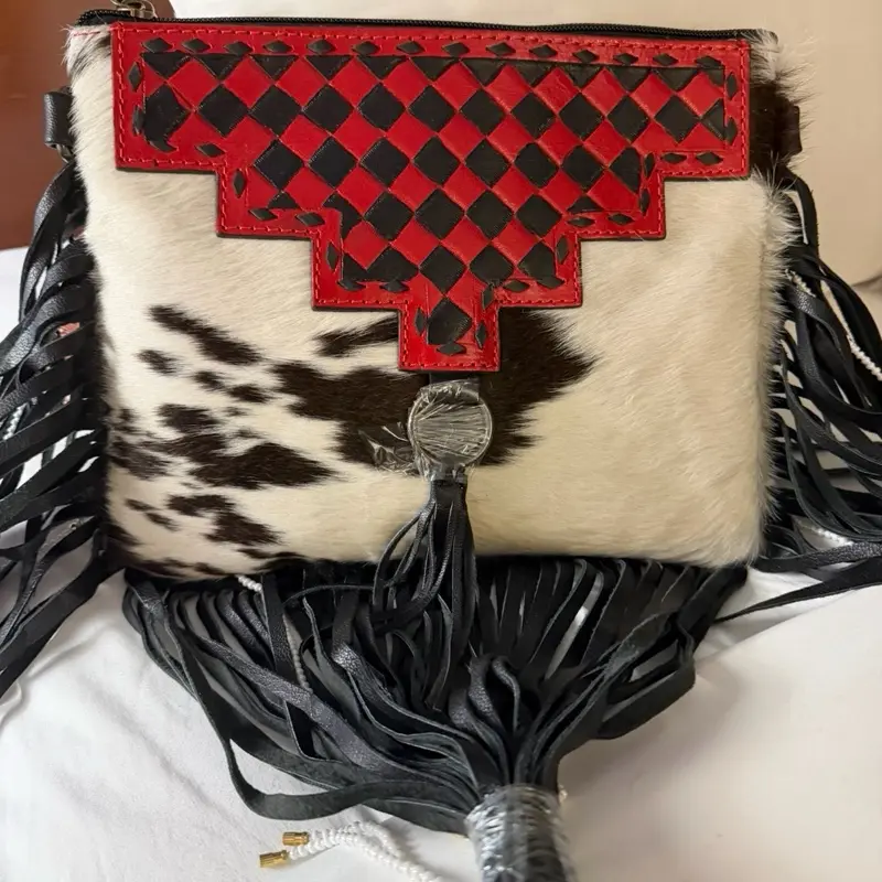 Cowhide Crossbody bag with red and black checkered and fringe
