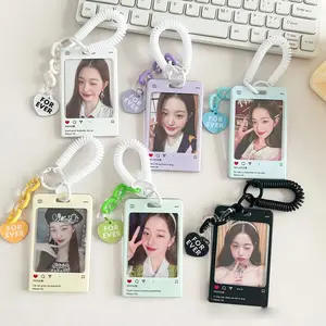 Kpop Idol Photo Card Holder Keychain Women Bank/ID/Bus Card Cover Ins Protective Case Acrylic Heart Pendant Anti-lost Keyring