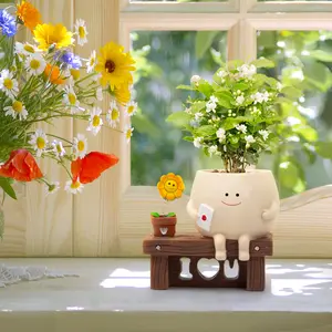 Cute Cartoon With a Smile Small Flower Bench, Succulent Flowerpot, Excellent Indoor Decoration, Unique Home/Office Flowerpot, Perfect Gift for Plant Enthusiasts