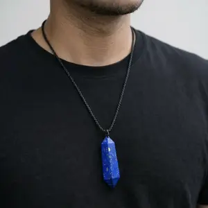 Natural Lapis Lazuli Double Point Pendant Necklace, Throat Chakra Communication Crystal Jewelry, Adjustable Cord with Gift Box