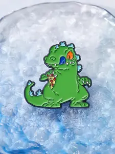 Rugrats Reptar Cartoon Comedy Animation Enamel Pin 90s Retro Vintage Green Dinosaur Eating Pizza Design Nostalgic Brooches for Backpack Jacket Lapel Badge Decoration Jewelry Gift for Kids Animation Fans Collectors