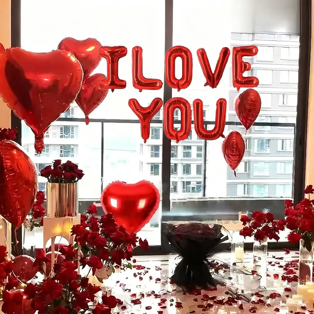 I Love You Letter Balloons Set, 8pcs 16inch Letters, 1000 Rose Petals, 10pcs 18inch Heart Balloons, Valentine's Day Romantic Decorations, Heart Shaped Balloons