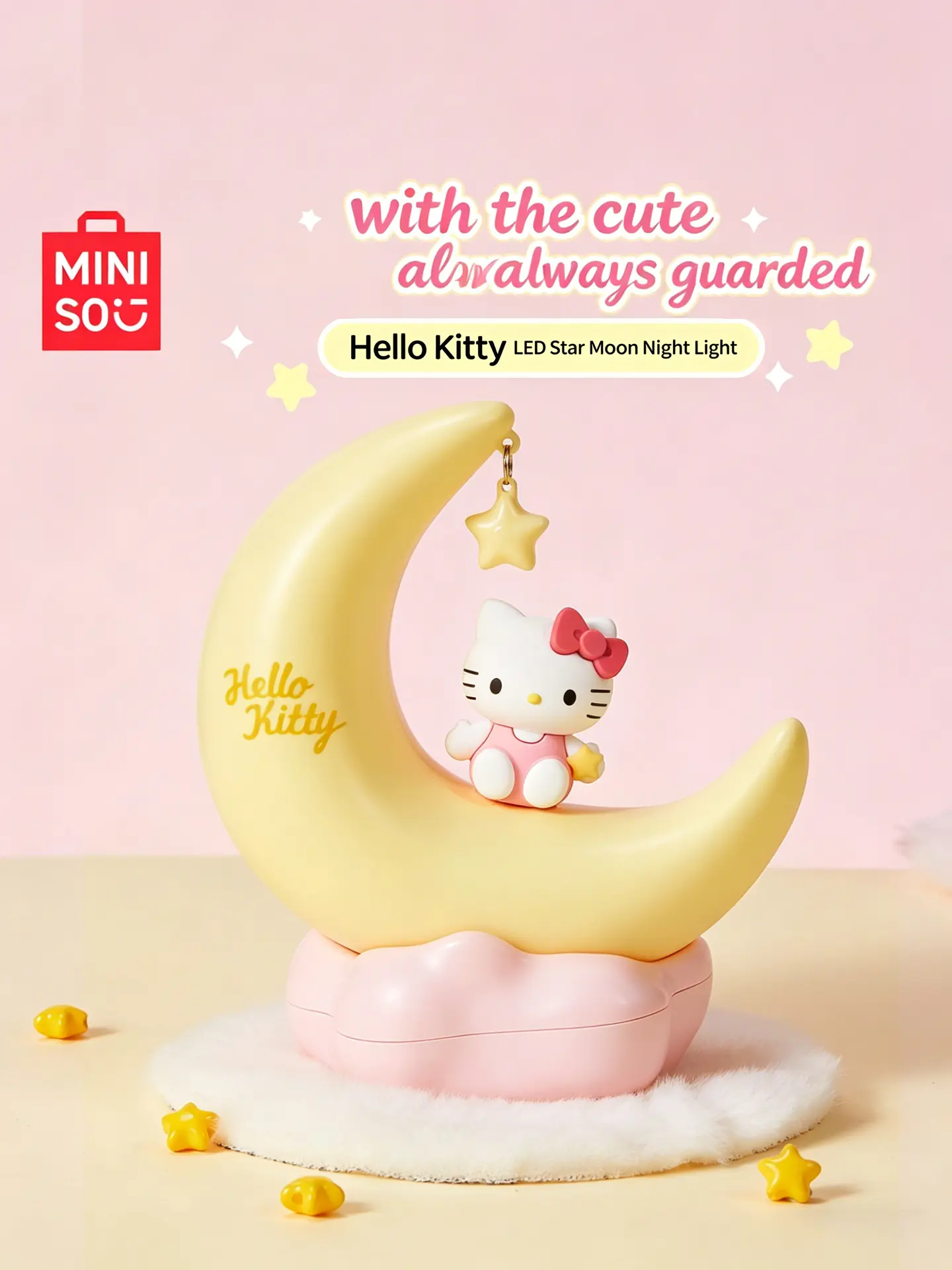 MINISO Hello Kitty  Sweet Style LED Night Light, Moon Shape Cute Bedside Lamp, Soft Warm Light Decorative Ornament, Portable USB Rechargeable Night Lamp, Ideal Birthday Holiday Gift for Girls Bedroom Home Decoration#Summervibes, Bedroom Led Lights, Whimsi