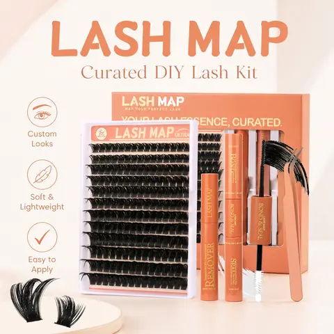 DIY Cosmetic False Eyelashes Extension Kit - Individual Set with Silicone Tools, Thick D-Curl Fluffy Clusters, Soft Thin Band, Ultra Dense Long Lashes, Professional Salon Empress Look Eye Makeup Accessory