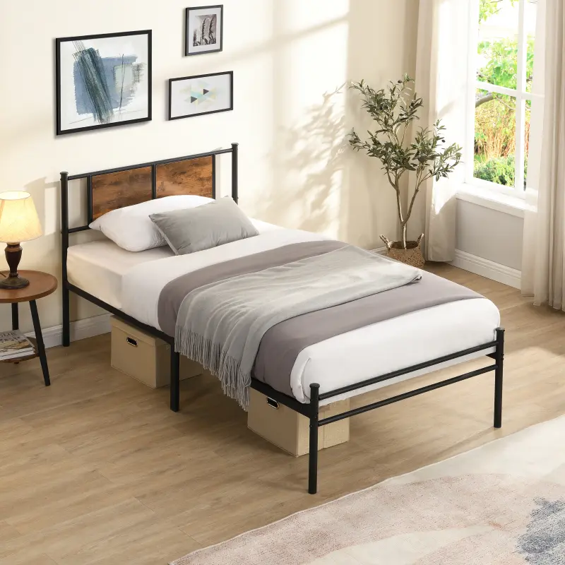Twin Size Bed Frame with Wood Headboard,Strong Metal Slats Support for Platform, Heavy-Duty Metal Frame, Noise Free, No Box Spring Needed,Easy Assembly, Black