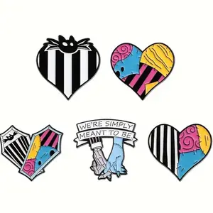 Cute Jack & Sally Hearts Enamel Pin - Black and White Design with Colorful Heart Shapes