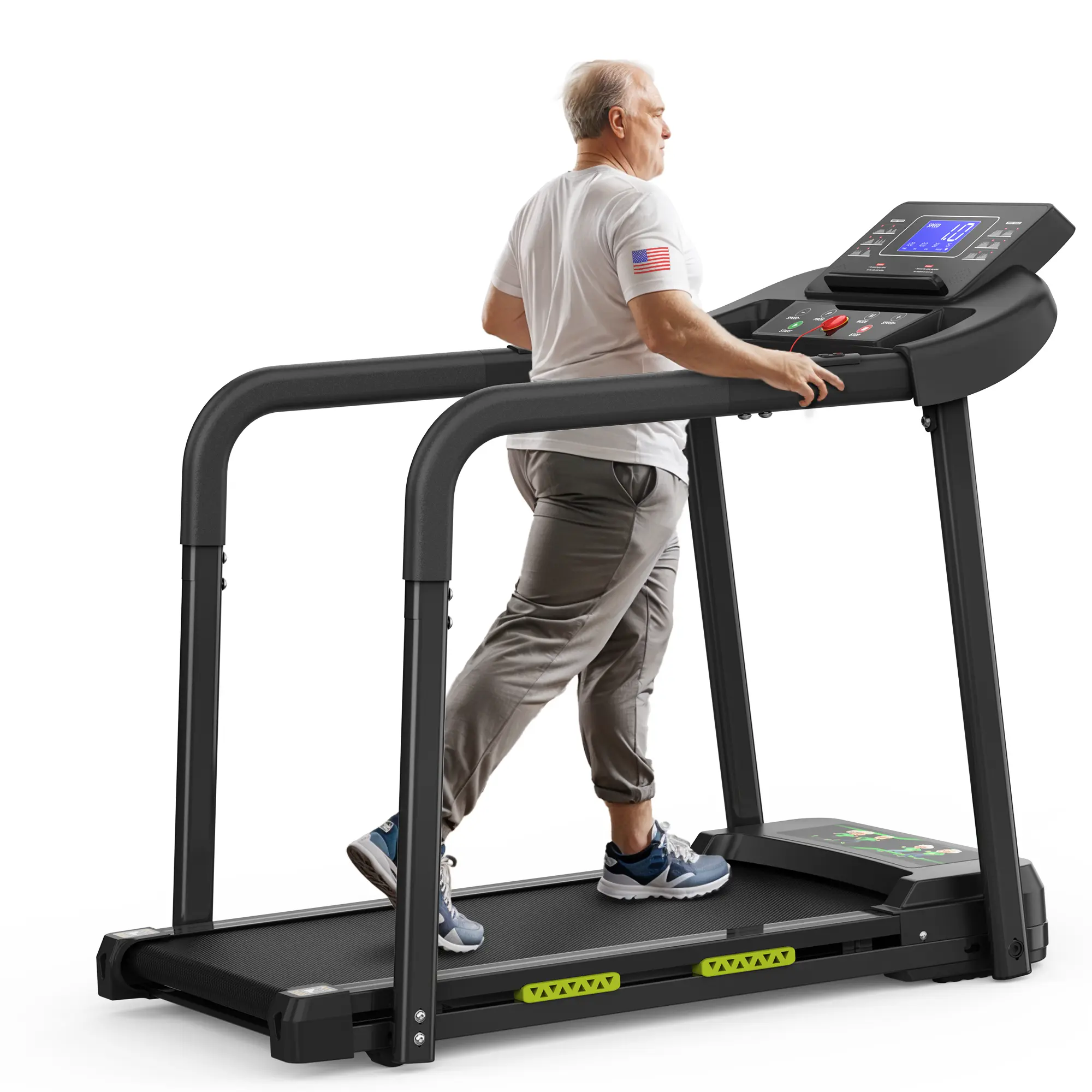 【Best Gift for Parents】 LIVIVOX Senior-Friendly Treadmill with 300LB Capacity, Long Handles, Extra-Wide Deck, Large LED Display, Compact Foldable Walking Trainer with Heart Tracking, Senior Fitness Equipment Stepping Machine