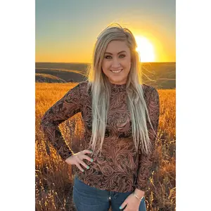 Sterling Kreek Women's Long-Sleeve Casual Blouse - Polyester Spandex-Infused, Tooled Print Leather Motif, Mesh Look Top for Women's Style