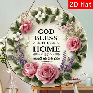 2D Flat - Wooden Round Sign That Says 'God Bless This Home And All Who Enter' Suitable for Wall Art Decoration in Homes, Bars, And Cafes, Featuring a Vintage Style And Lightweight Design