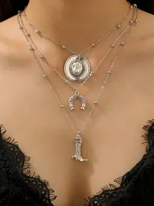 Women's Western Cowboy Boots & Hat Set, Gold/silver Color Pendant Necklace, Perfect Gift for Women, Daily Wear, Parties, Friends, Jewelry Accessories