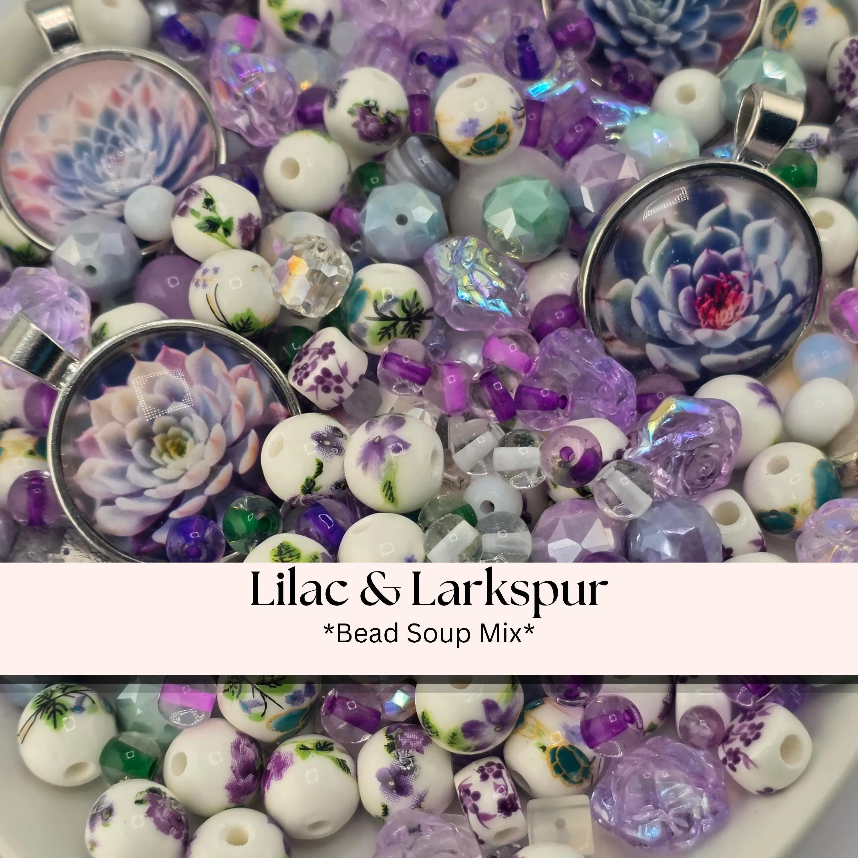 Lilac Larkspur Bead Soup Mix | Lavender Amethyst Glass Beads | Succulent Cabochon Pendants | DIY Jewelry Making | Learise Curated Mix