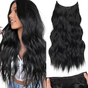 AISI HAIR 16/20/24 Inch Invisible Wire Synthetic Halo Hair Extensions Clip-On Long Wavy Hairpiece for Women Black Secure 4 Clips, Invisible Hairline, Beauty Products
