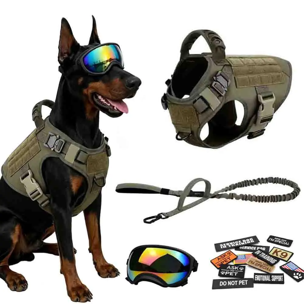 4-in-1 Dog Harness Leash Goggles Set with 12 patches for Medium to Large Dogs, Heavy Duty Adjustable Dog Vest with Handle, Outdoor Walking Gear Kit #SummerWins#DealsForYouDays