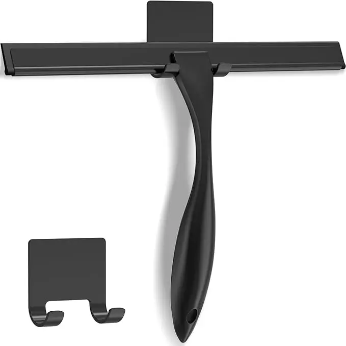 Shower Squeegee for Glass Doors with Adhesive Hook, 10 Inch Stainless Steel Window Squeegee for Shower Glass, Bathroom Mirror, Tile Wall, Car Windshield Cleaning Tool, Black