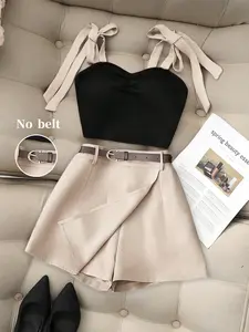 Summer New European Style Pure Desire Hot Girl Halter Tie Butterfly Bustier Top + High Waist Asymmetrical Suit Short Pants Set