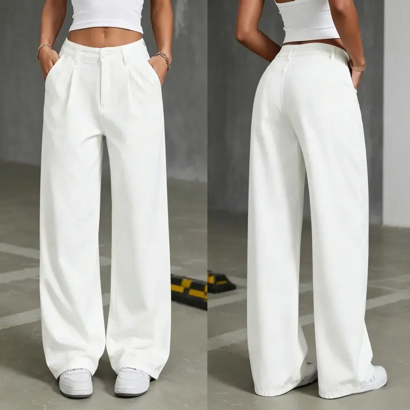 Women’s High-Waisted Wide-Leg Suit Pants - Solid Color, Button-Front Closure, Pocket Embellishments, Elegant Basic Design, Comfortable Loose Fit, Suitable for Spring & Autumn, Commuting & Everyday Wear, Oversized