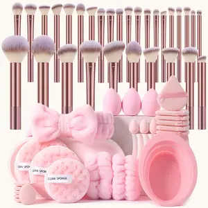 55PCS All-in-One Makeup Tools Set, 30 Professional Makeup Brushes, Regular & Mini Makeup Sponges, Triangle Powder Puffs, Mini Air Cushion Puffs, Hairband, Hand Bowl Straps, Facial Cleansing Sponges and Brush Cleaning Tool, Multifunctional Beauty Kit,summe