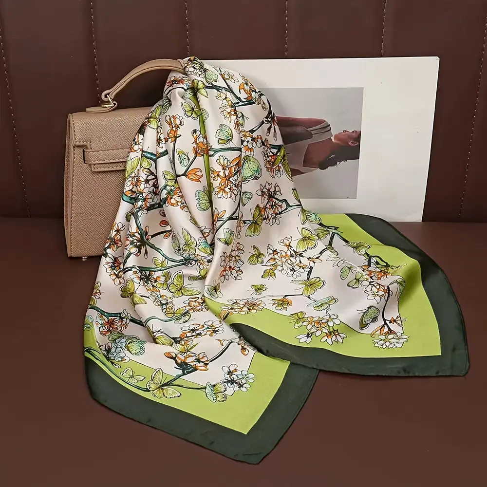 Women’s silk scarf, headscarf, handkerchief, genuine silk scarf, floral style, green butterfly pattern, women’s neck wrap. Headscarf for sleeping, elegant decoration