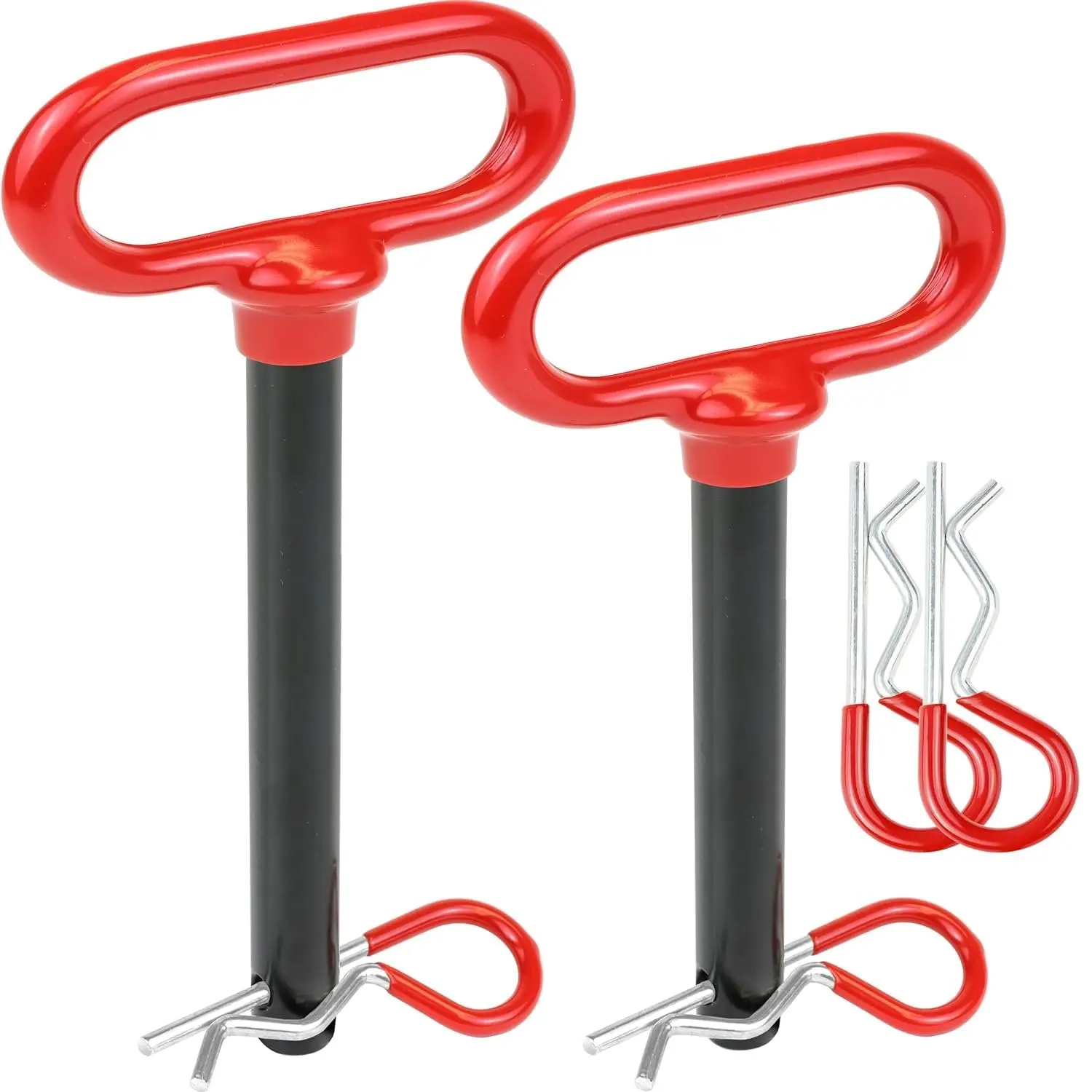 WELLMAX U-Shaped Hook 2-Piece Trailer Hitch Pin Set - 5/8" Diam, 4" & 5.5" Shank Lengths, 4 Clips, Rubber-Coated Vinyl Comfortable Grip, Zinc-Plated, 2" Receiver Compatible Fastener, Fits Most Class 3,4,5 Trailer Hitches, Manufacturer Warranty