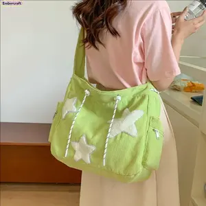 Women’s Large Corduroy Tote Bag, Cute Star Patch Shoulder Messenger Bag, Casual Large Capacity College Handbag for School, Shopping, Travel, Work and Everyday Carry with Soft Lightweight Design