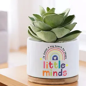 Bamboo Tray Ceramic Flower Pot - Succulent Plant Pot for Home and Garden Decoration, Perfect Teacher Appreciation Gift for Birthday and Graduation Season, Teacher Gift Item | Rainbow Motif | Ceramic Pot, Flower Pot for Home