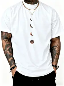 Men's Moon Print Round Neck Tee, Regular Fit Casual Short Sleeve Crew Neck T-Shirt for Daily Wear, Men's Top for All Seasons, Tropical