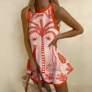 Tropical Tribal Print A-Line Mini Dress (Pink) — A perfect vacation mini-dress for island getaways. Comfortable and breathable, featuring a full lining and an easy-access back zipper. Sizes S–3XL.