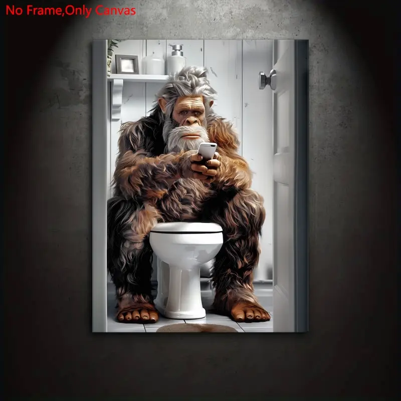 1 piece/set frameless canvas painting print poster, Funny Print Design, Canvas Art And Prints For Walls, classic illustration abstract art, funny Bigfoot playing with phone on toilet, gift for animal lovers, gift for bedroom, living room, wall decoration