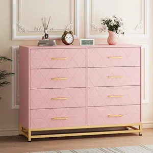 Modern Pink 8-Drawer Dresser & Chest of Drawers – Versatile Wooden Storage Solution with Metal Handles, Stylish Colors, and Gold Accents for Bedroom, Living Room, Hallway