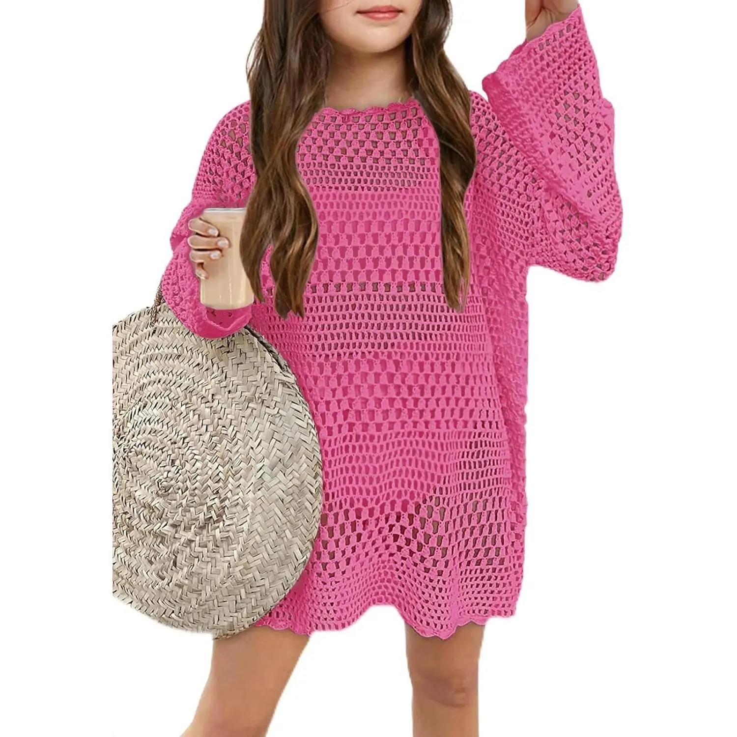 Girls Crochet Long Sleeve Swimsuit Cover Up Kids Fashion Hollow Out Swimwear Beach Dress 5-14 YearsGift.