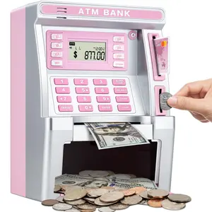 2025 Pink ATM Piggy Bank for Kids Real Money Savings Machine with Debit Card Coin Recognition Educational Toy for Teens Boys Girls