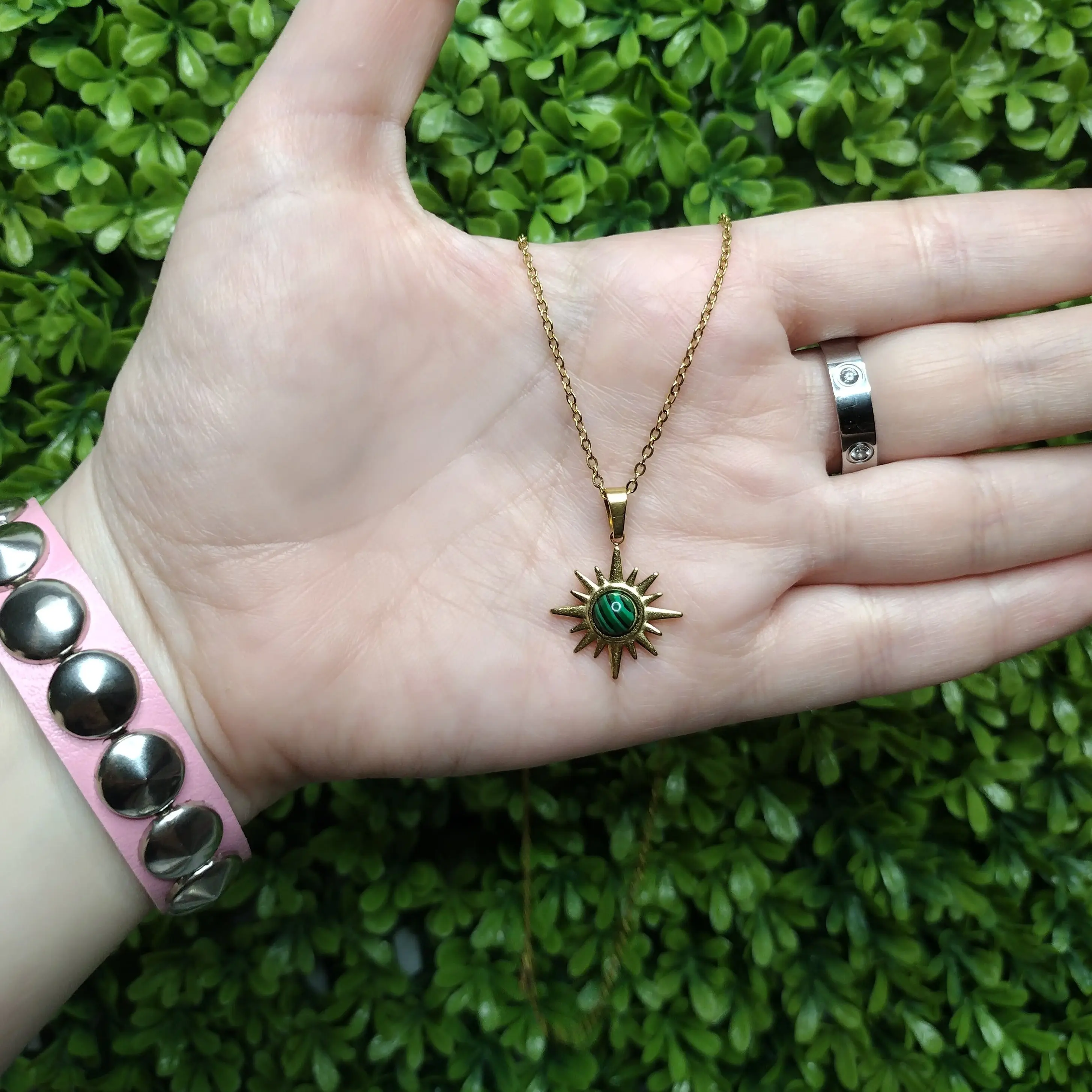 LIZA Collar De Cadena Dorada With Green Vintage Star Pendant Stainless Steel Chain Women's Fashion Jewelry