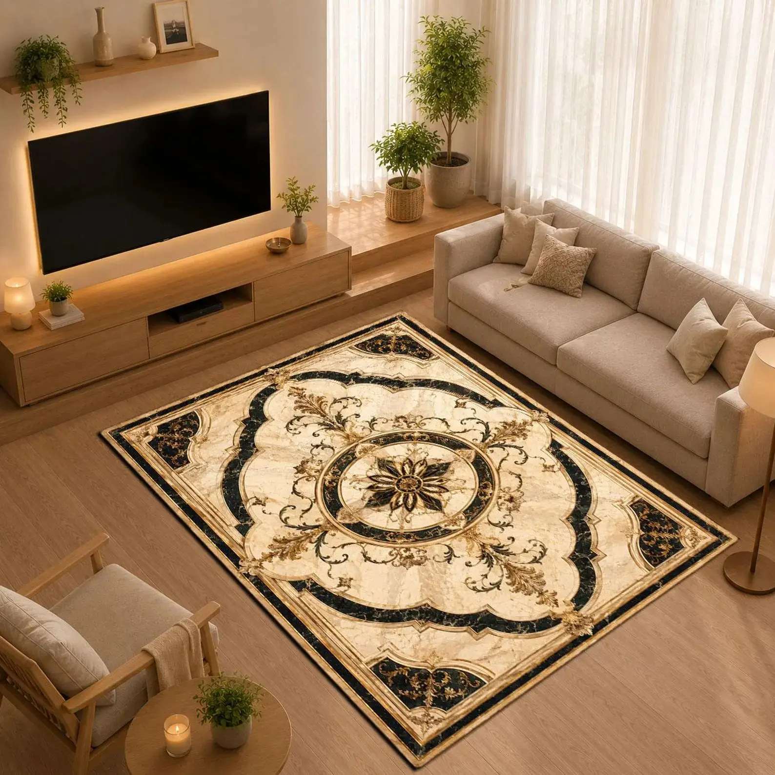 Luxury Marble Hotel Rug, Black Gold Art Deco Area Rug, Elegant Palace Carpet, Premium Lobby Living Room Decor