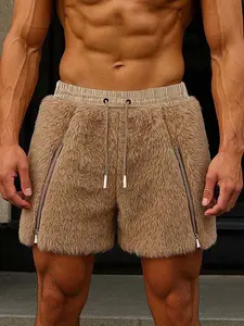 INCERUN  Men's Fashion Plush Shorts, Soft Shorts, Solid Color Plain Summer Casual Sports Shorts with Dual Zippers, Perfect for Daily Wear