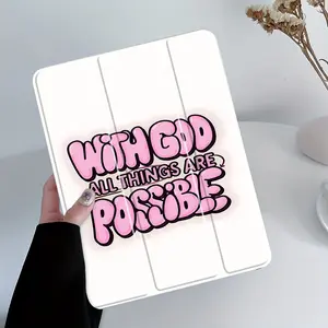 "With God, All Things Are Possible" Pink Cartoon Font Christian Fashion Tablet Case with Pen Slot Foldable,Suitable for iPad Mini, Air, Pro 4,5,6,7(2017,2018,2019,2020,2021,2022,2023,2024,2025 models),and Samsung S6,7,8,9,10FE + A7 LTE tablet cases